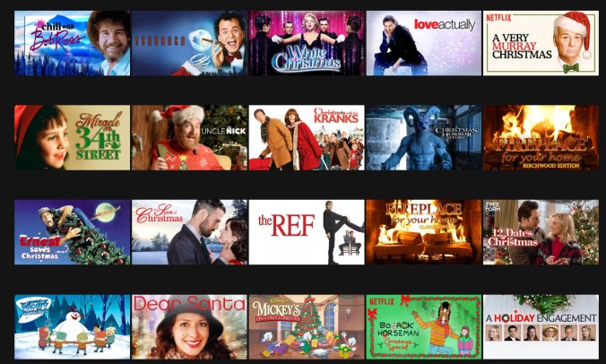 Scrooged, White Christmas, Love Actually, A Very Murray Christmas, Miracle on 34th Street, Christmas with the Kranks, Fireplace, Ernest Saves Christmas, The Ref,